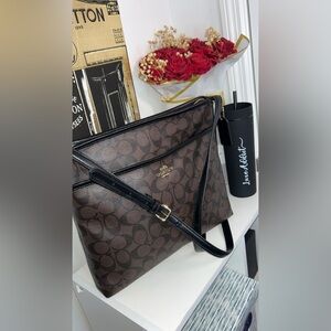 Coach Brown Signature Canvas Crossbody Shoulder Bag with Black Trim